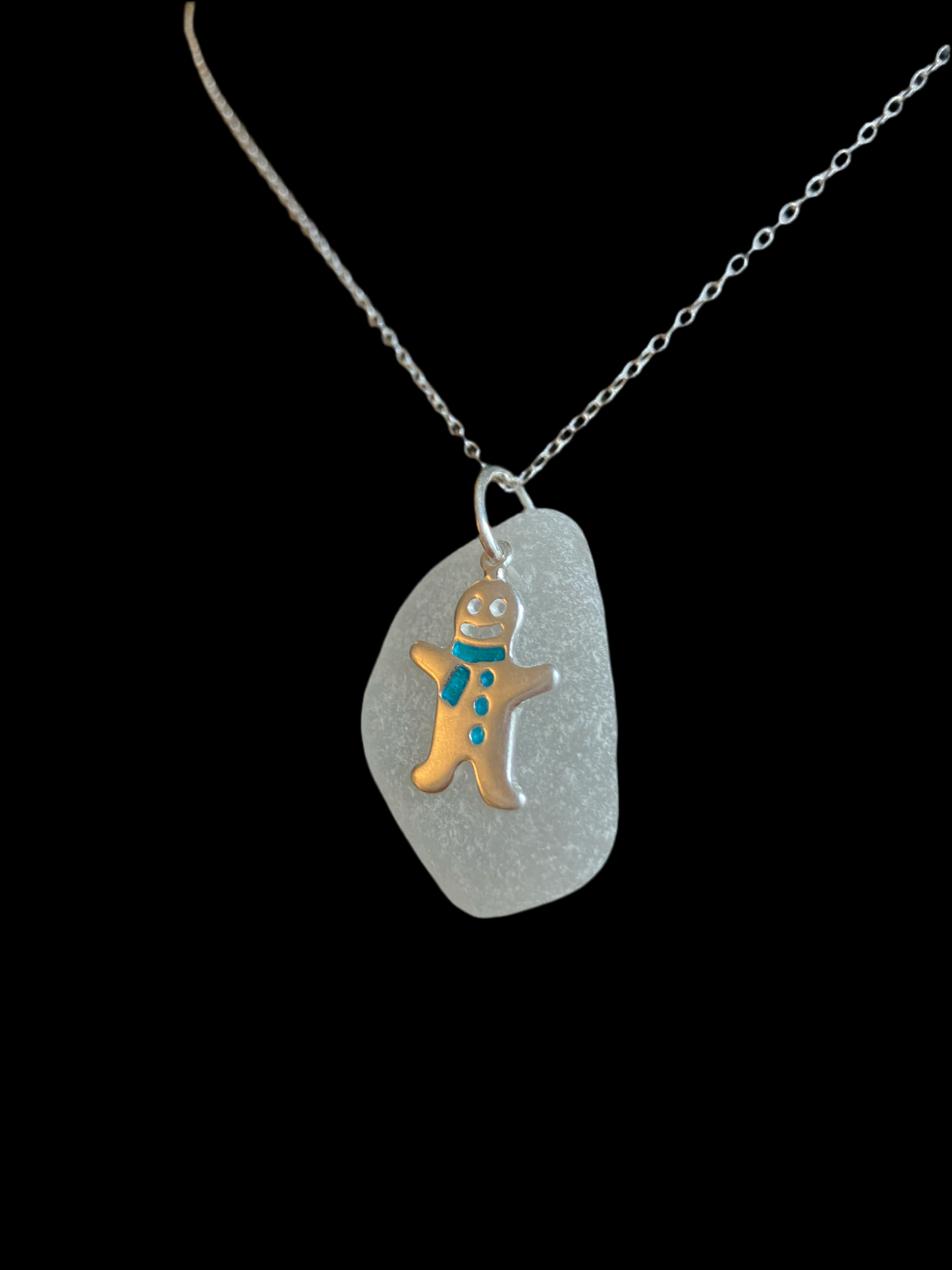 Gingerbread Man on Frosted Sea-glass 925 necklace