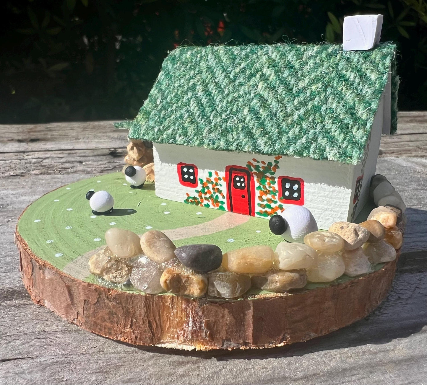 Green Harris Tweed Miniature Scottish Bothy with Sheep & Log Store