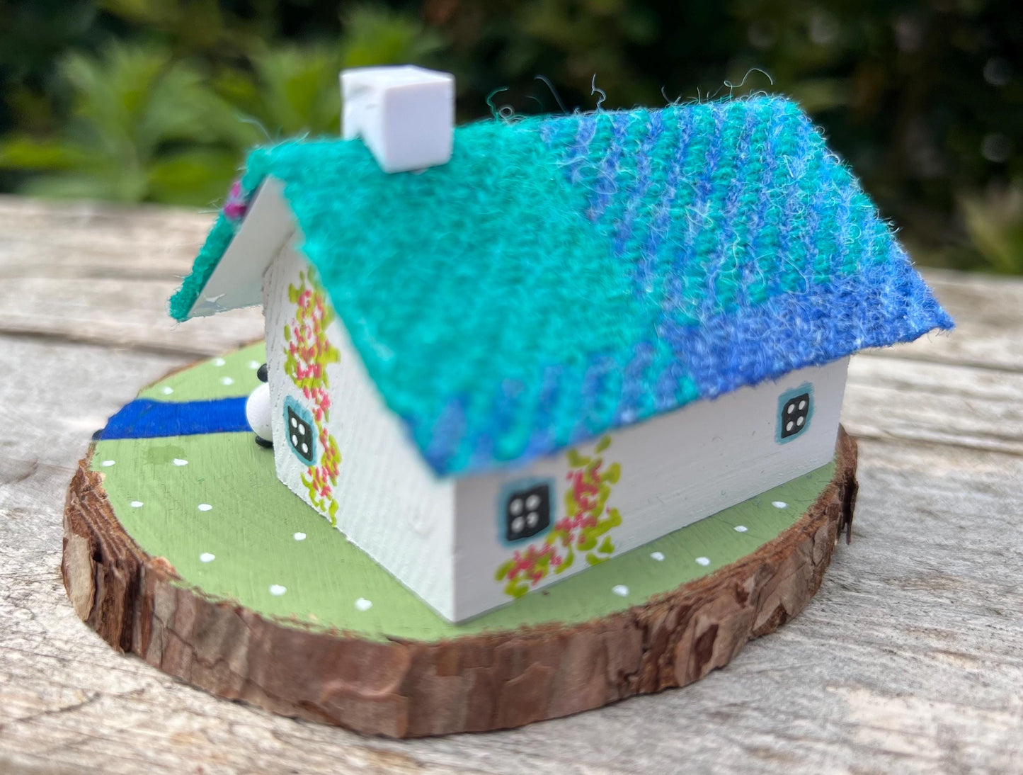 Teal and Pink Harris Tweed Miniature Scottish Bothy with Sheep