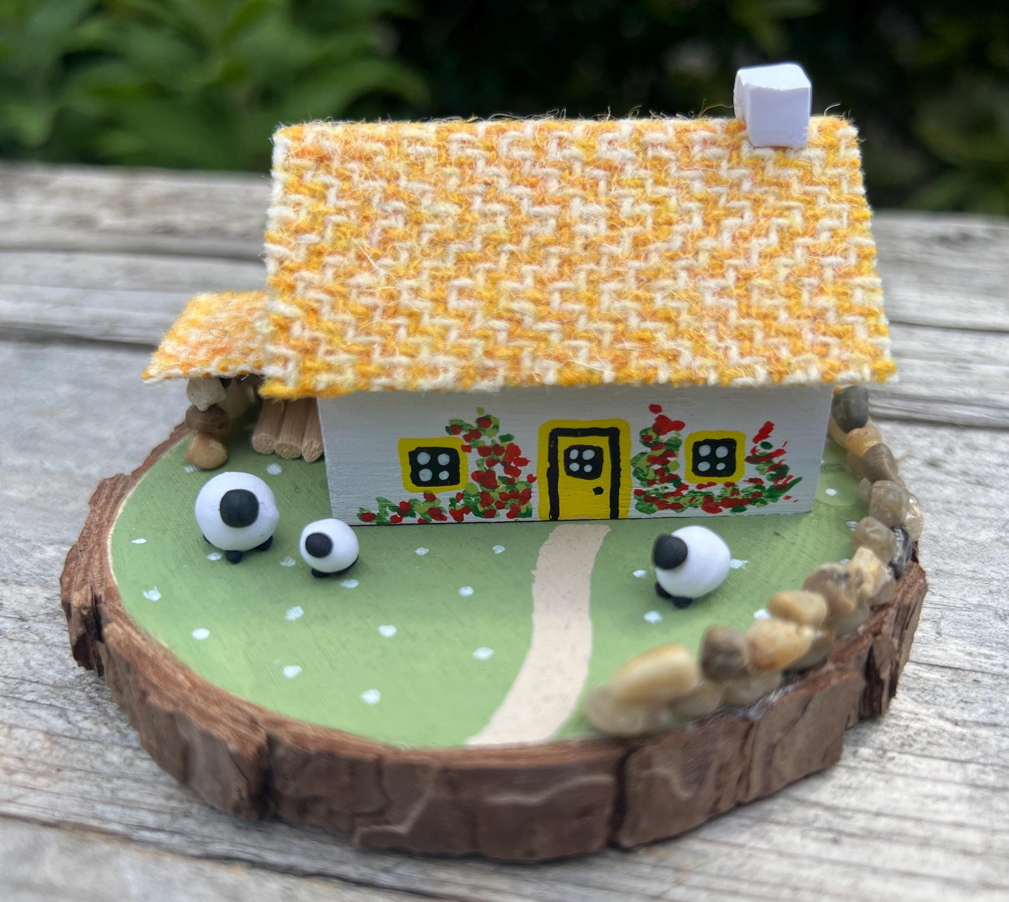 Yellow Harris Tweed Miniature Scottish Bothy with Sheep