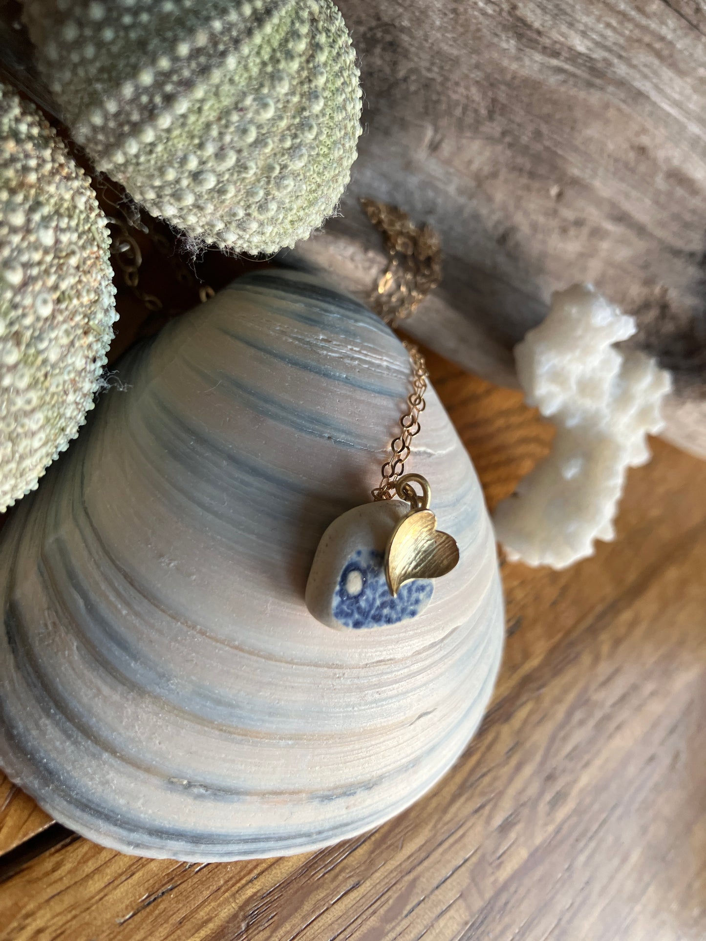 9ct Gold Heart and Blue Sea Pottery Necklace