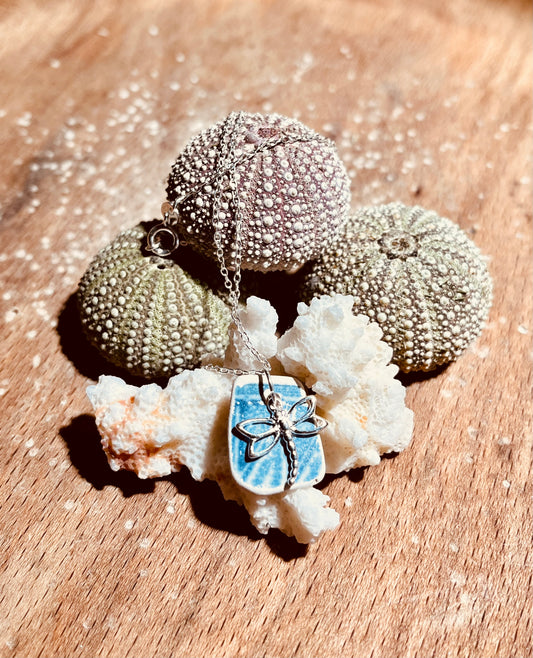 Sea pottery, blue, dragonfly, 925, silver, Scottish