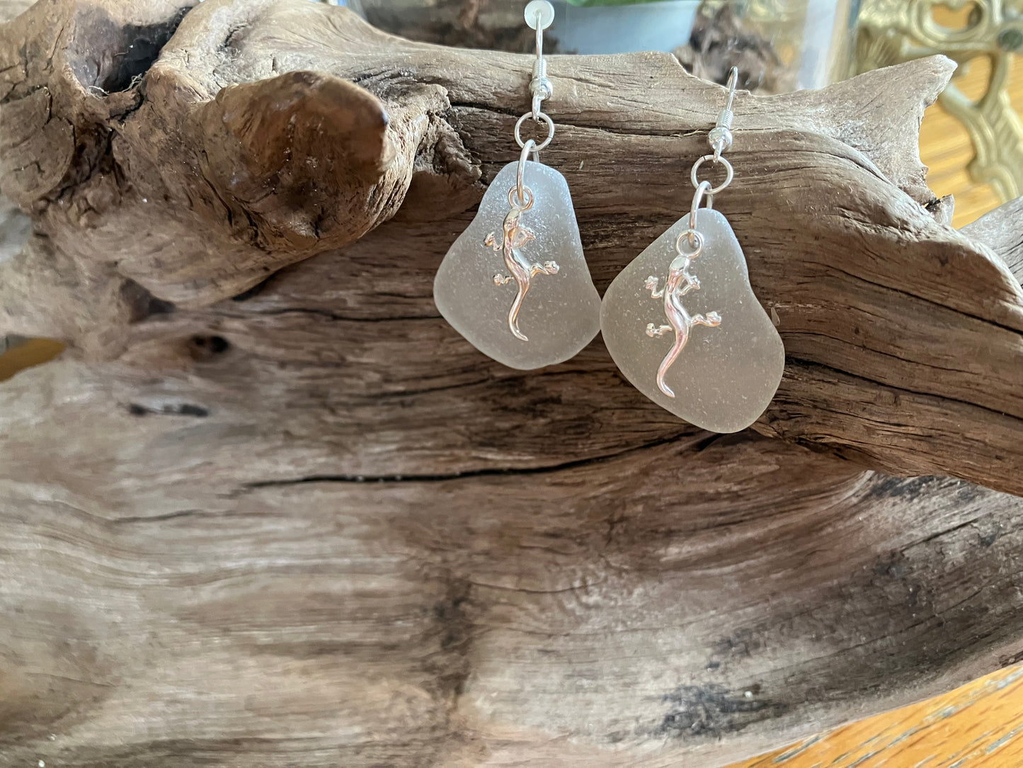 925 Gecko Lizard earrings white Seaglass