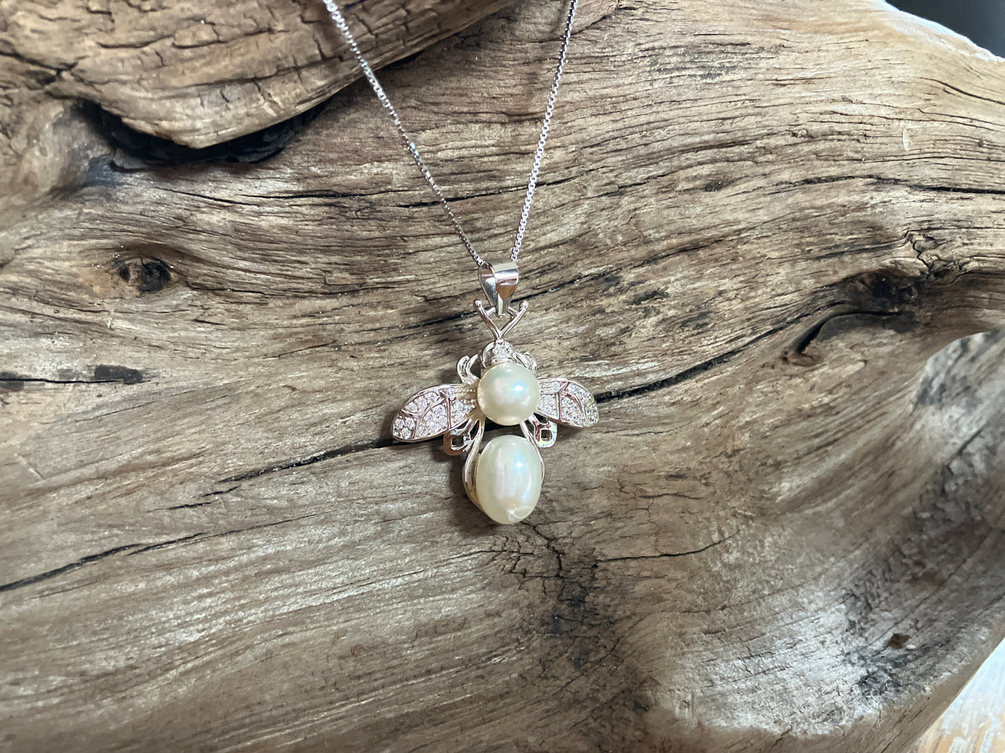 925 Diamanté & Pearl Bee/Moth necklace