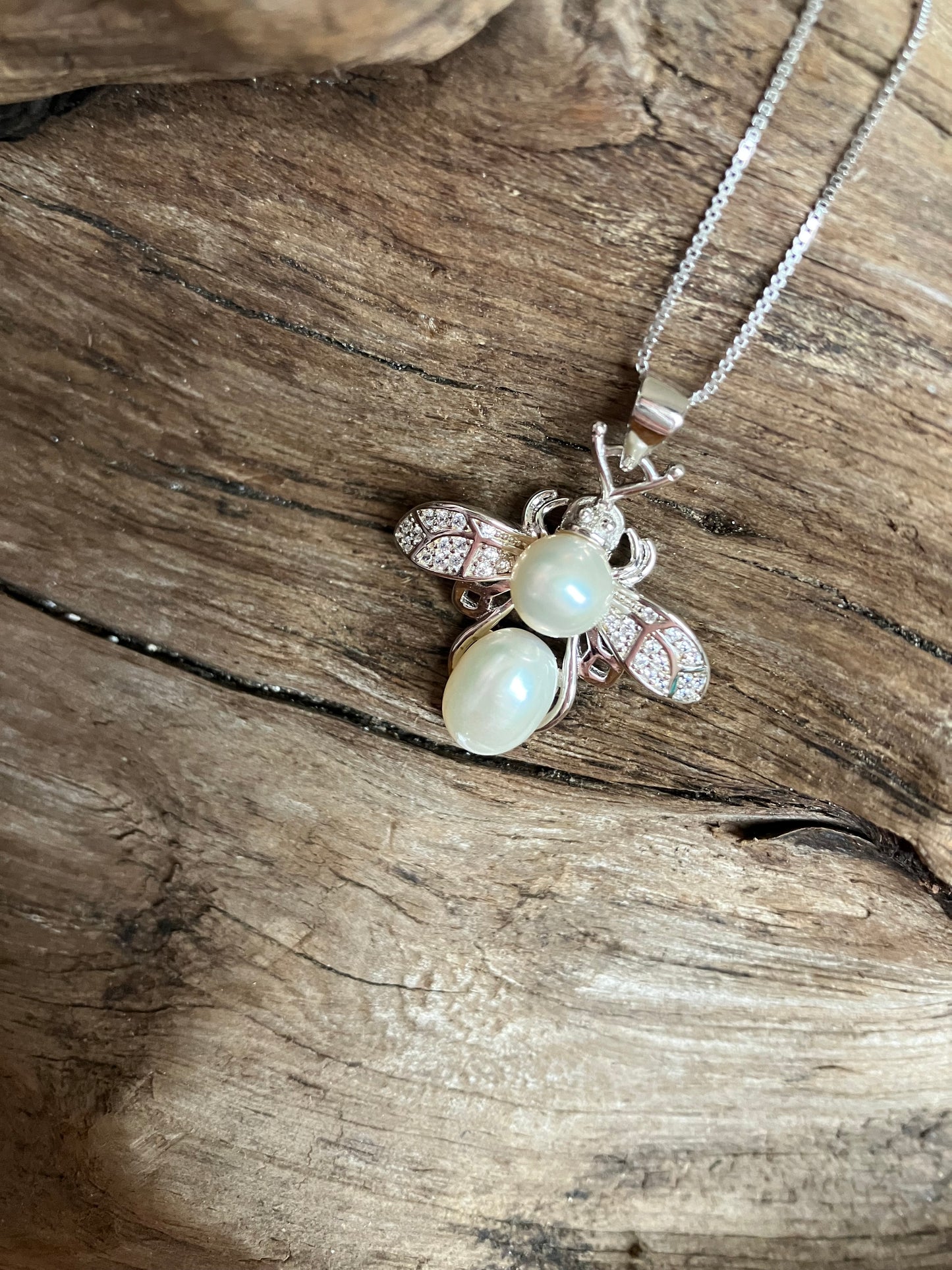 925 Diamanté & Pearl Bee/Moth necklace