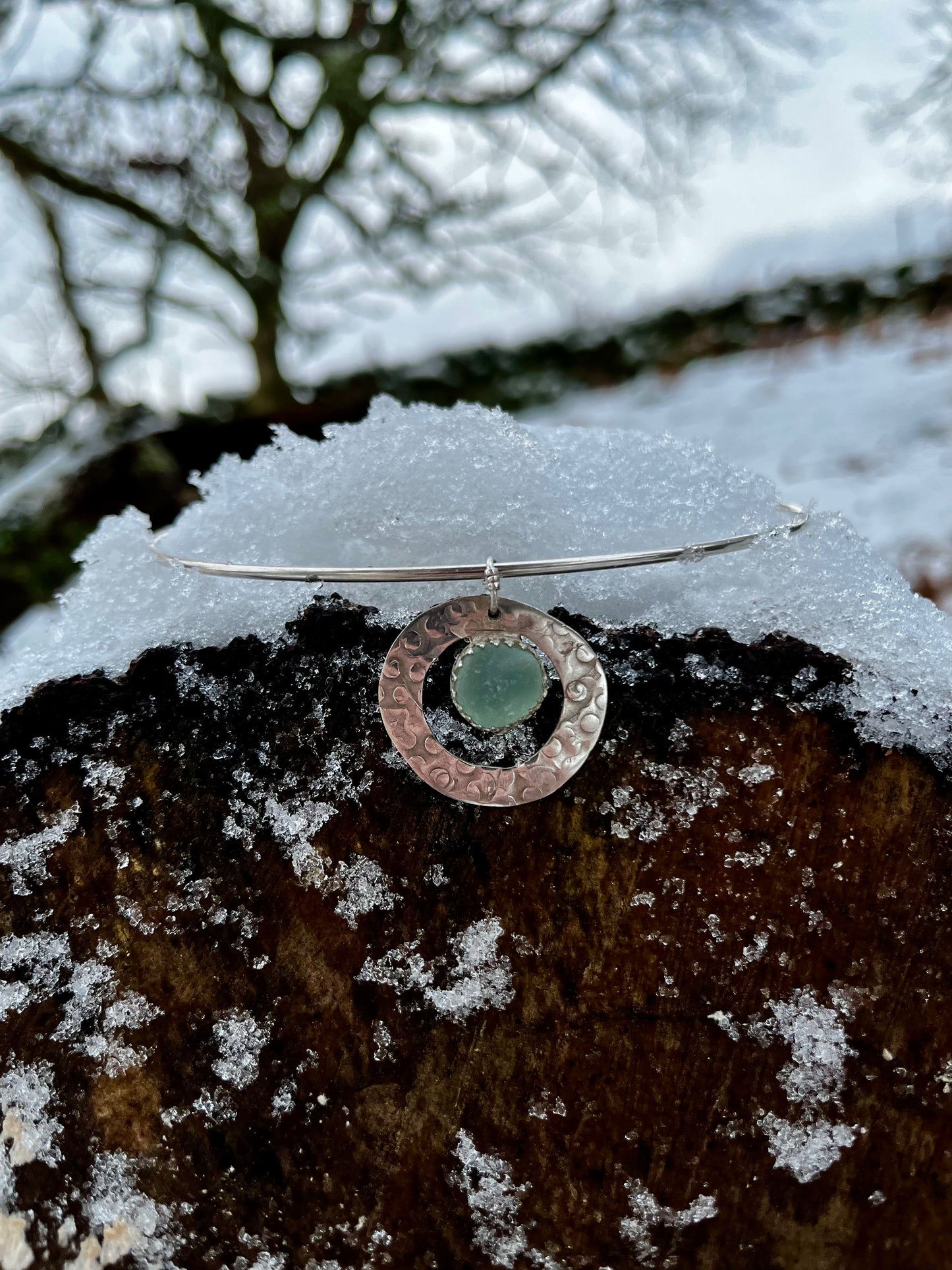 Aqua Sea Glass Circles 925 Collar Necklace