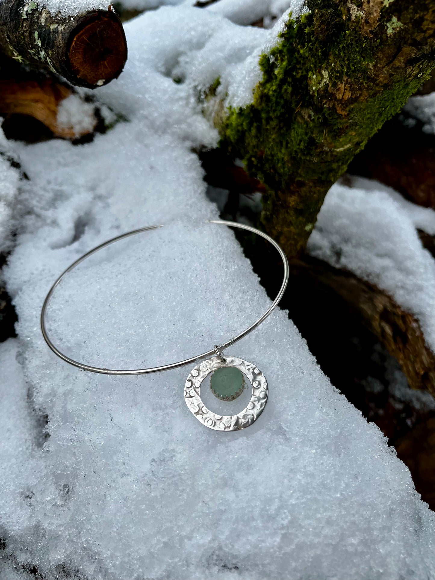 Aqua Sea Glass Circles 925 Collar Necklace