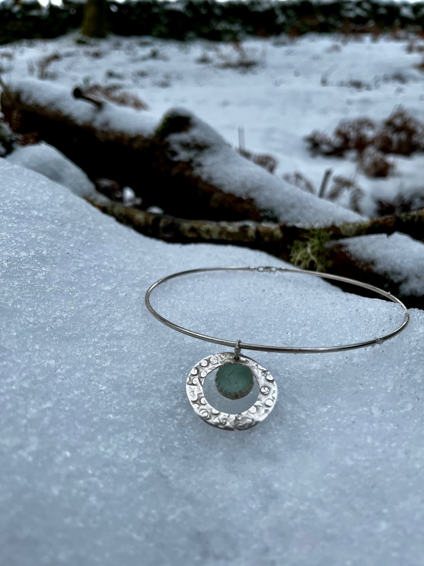 Aqua Sea Glass Circles 925 Collar Necklace