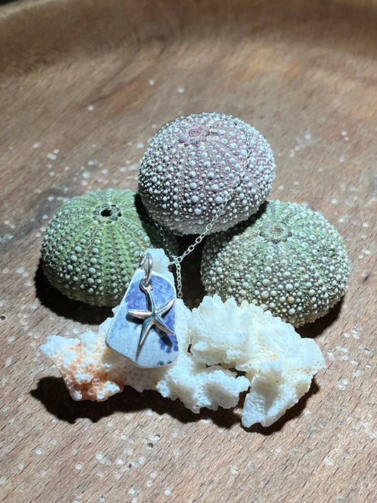 Starfish sea pottery pendant on a silver chain 