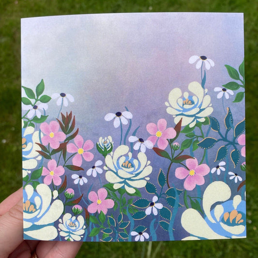 Hand-drawn Ivory and Pink Roses and Daisies Greetings Card