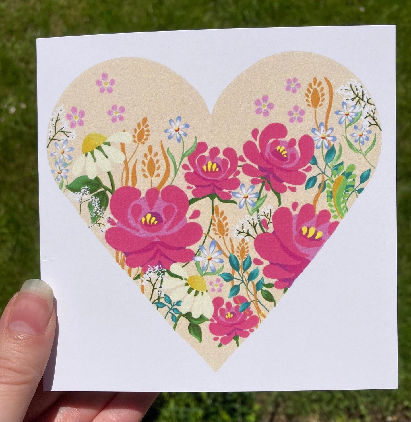 Hand-Drawn Heart with Roses and Daises Greetings Card