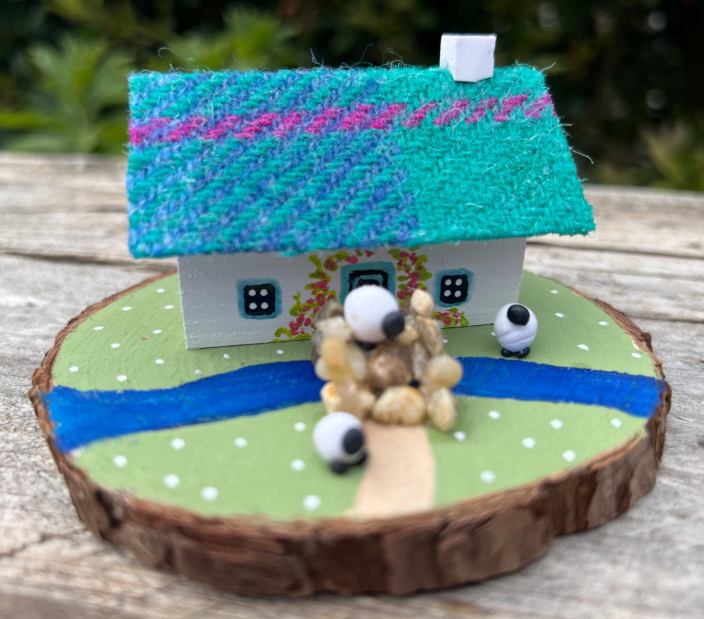 Teal and Pink Harris Tweed Miniature Scottish Bothy with Sheep