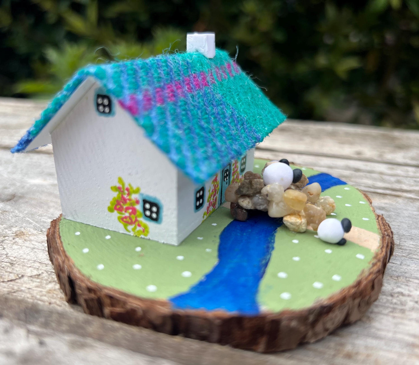 Teal and Pink Harris Tweed Miniature Scottish Bothy with Sheep