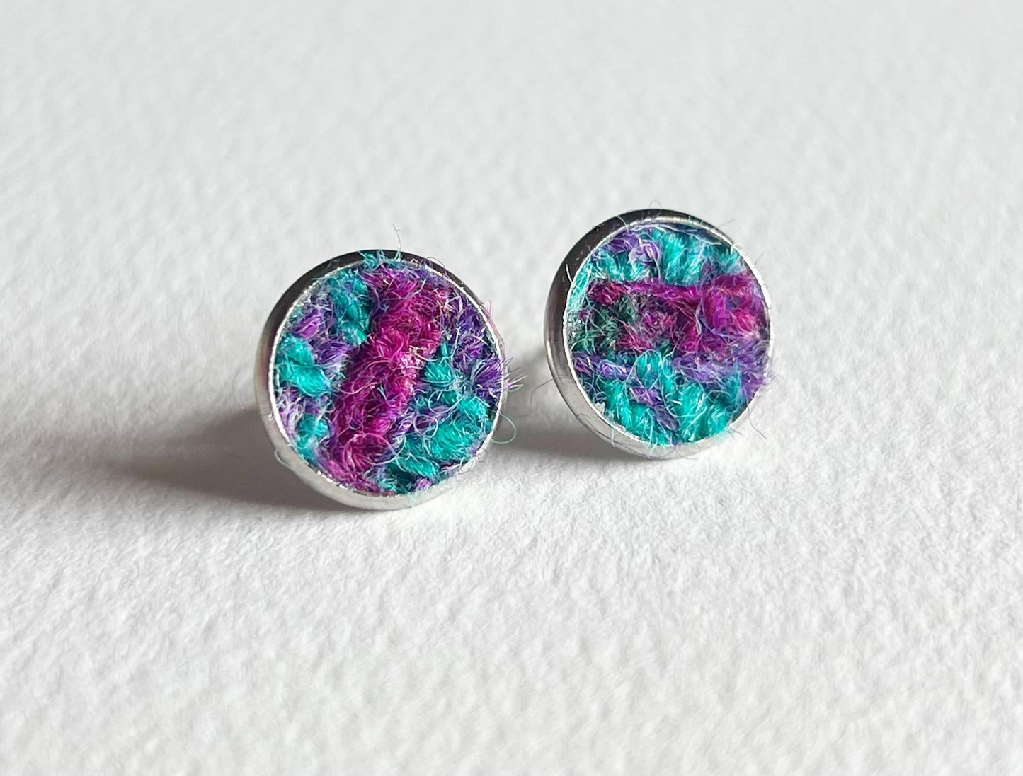 Teal & Purple Harris Tweed Patchwork Stud Earrings