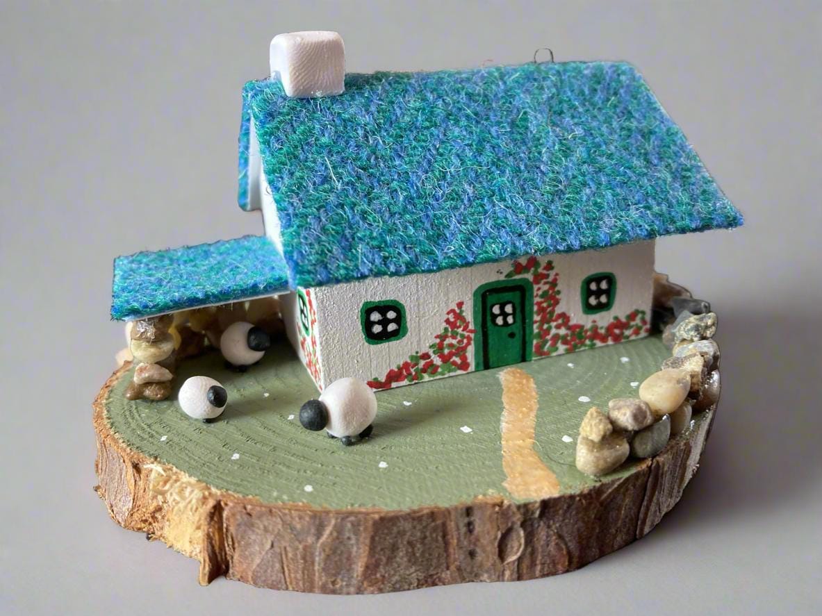 Teal Harris Tweed Miniature Scottish Bothy with Sheep